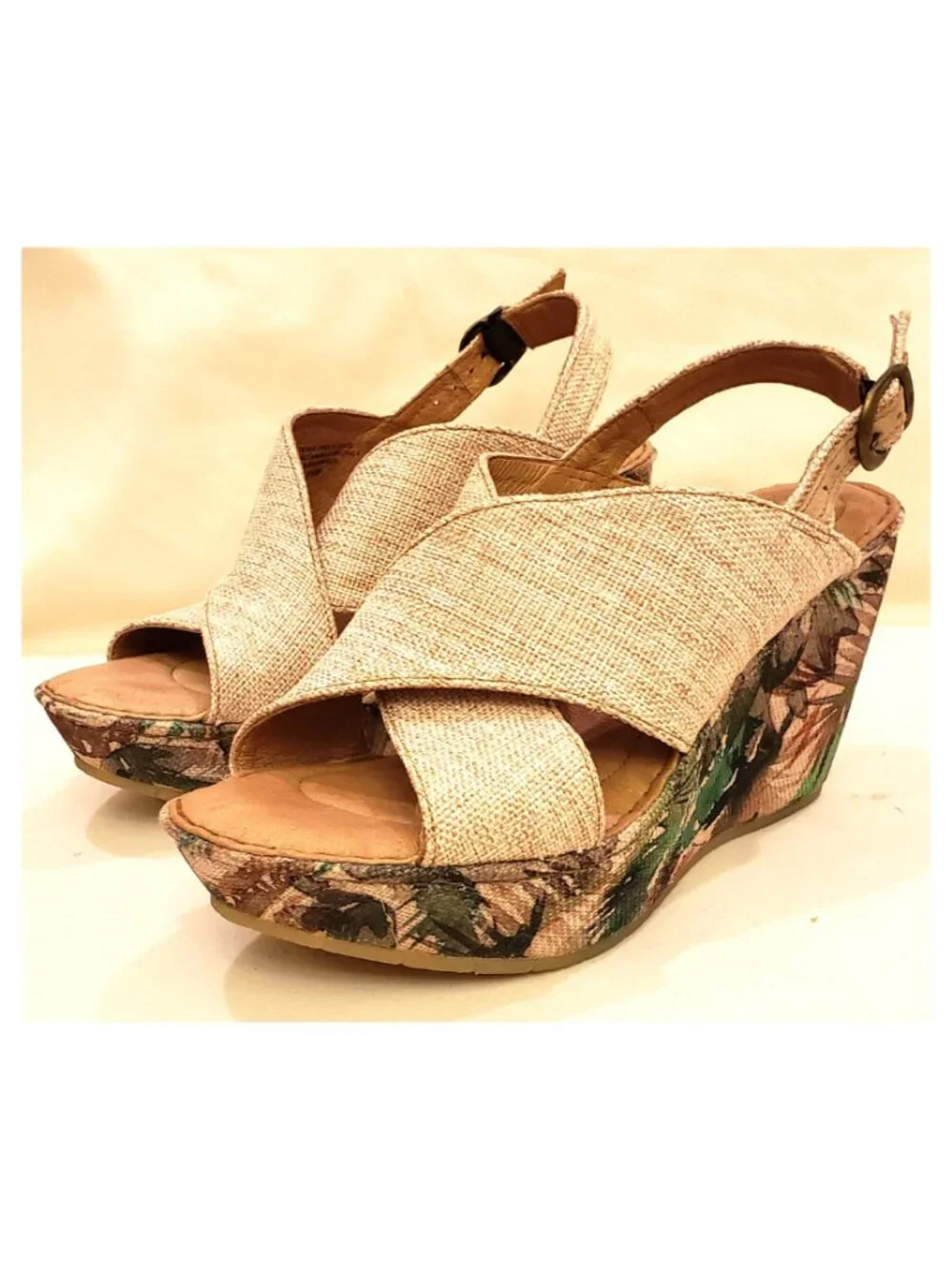 Børn Platform Wedge Slingback Sandals Size 10 Tan/Tropical Floral
